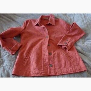 Chico's Design Coral Pink Jacquard Paisley Tonal Embroidery Cotton Jacket sz1 M